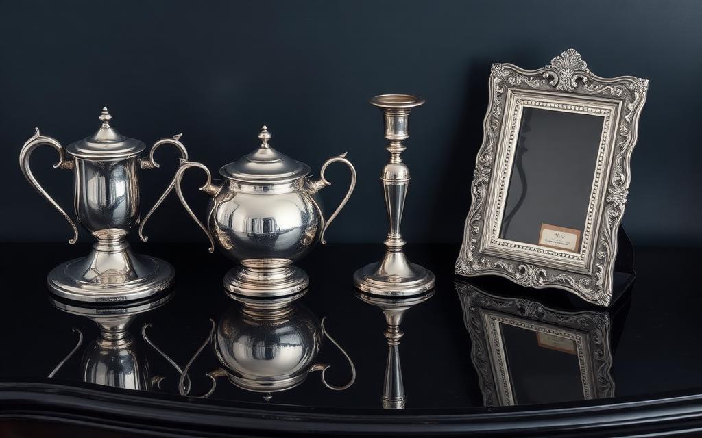 Zilveren objecten waaronder theepot, kandelaar en fotolijst