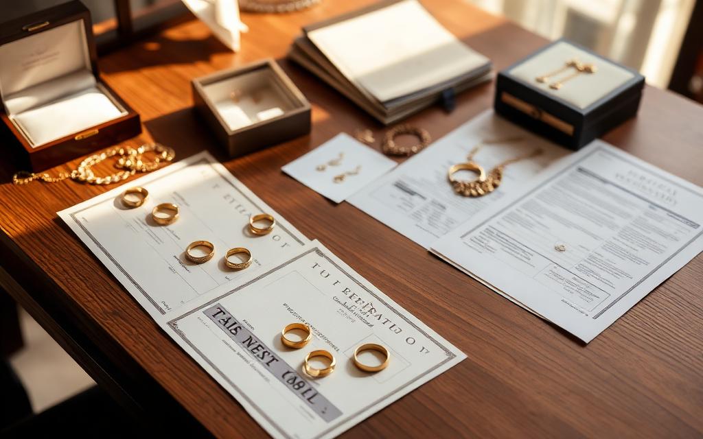 Sieraden en documenten klaargelegd voor een taxatie-afspraak